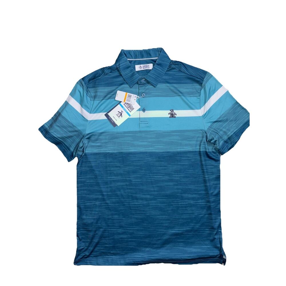 NWT Men's Penguin Sport Blue & Teal Striped Polo Shirt Sz Small Retail $90